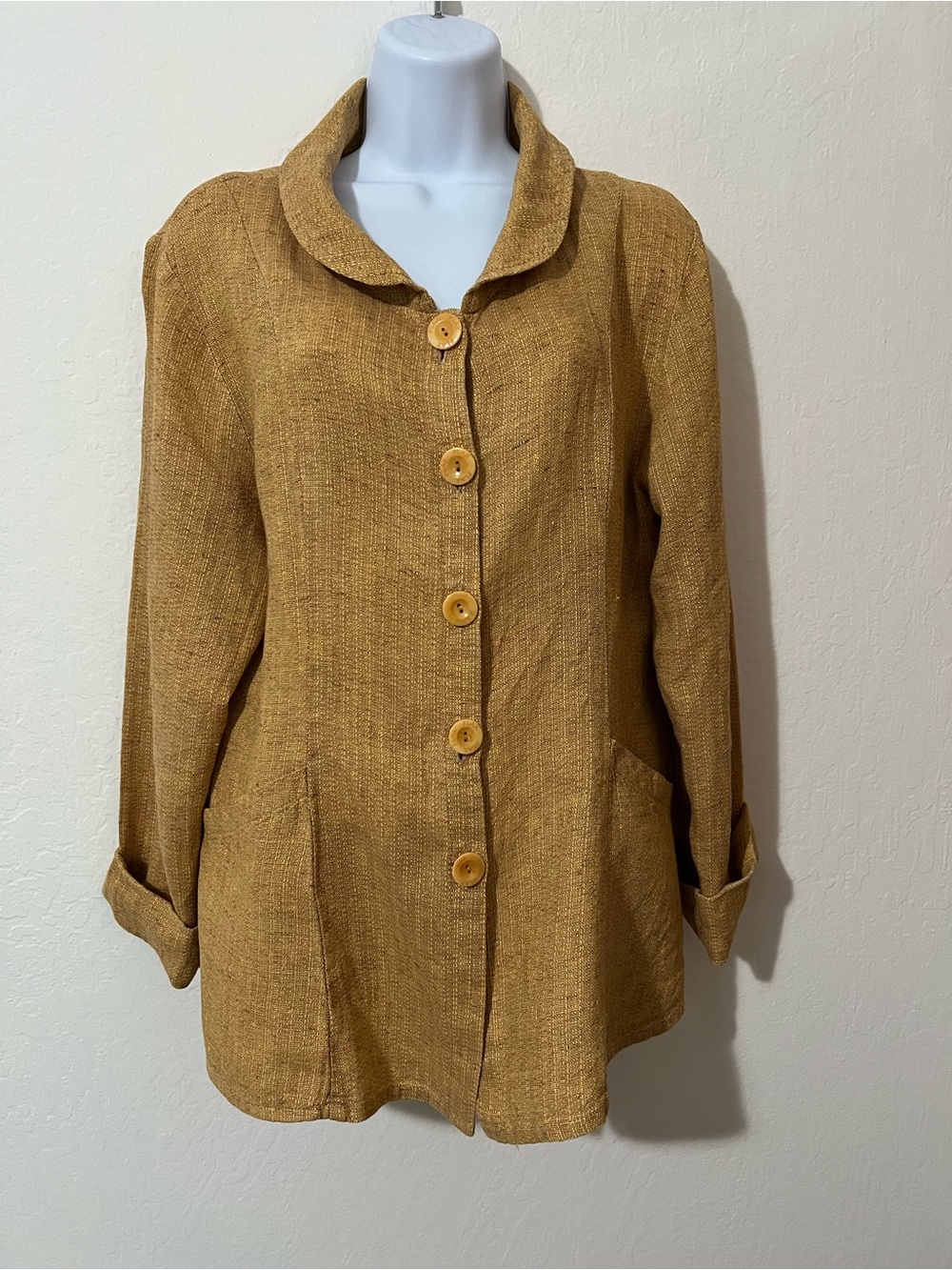 Flax - Textured Golden Mustard Button-Front Jacket